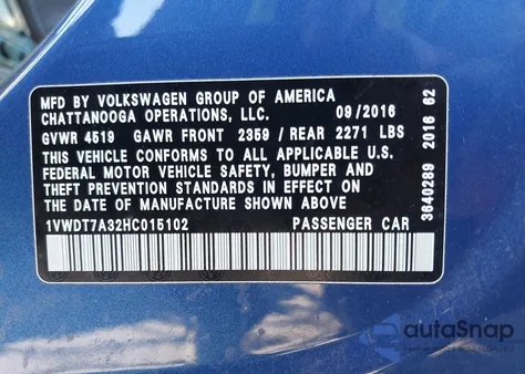2017 Volkswagen Passat 1.8T R-Line z USA, uszkodzony, nr VIN 1VWDT7A32HC015102